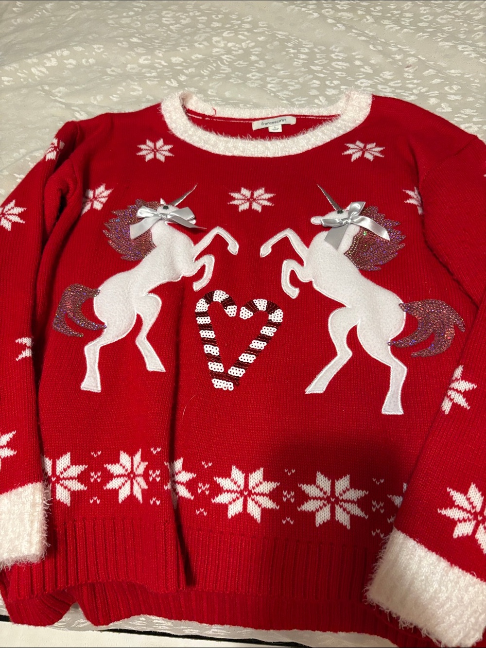 Francesca's Collections Red Unicorn Crewneck Sweater with White Accents